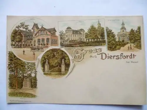 Litho-AK Diersfordt bei Wesel, Gasthaus, Schloß, Denkmal, Schloßkirche, Park