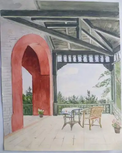 3 Aquarelle Architekturzeichnungen einer Terasse