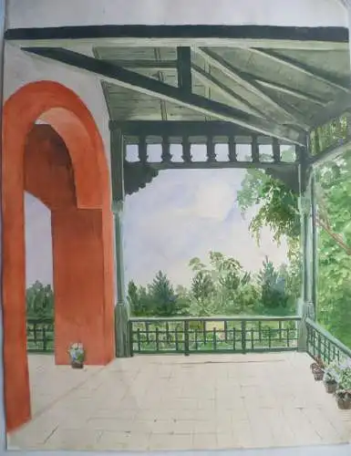 3 Aquarelle Architekturzeichnungen einer Terasse
