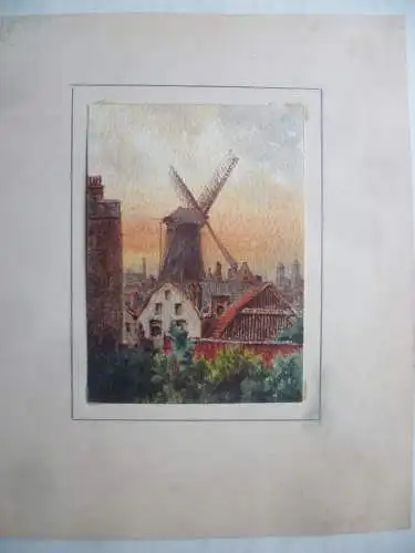 Aquarell Windmühle mit Stadt in Niederlande oder Norddeutschland, unsigniert
