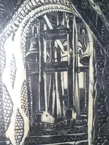 Glockenstuhl einer Kirche Holzschnitt R. Hirschberger