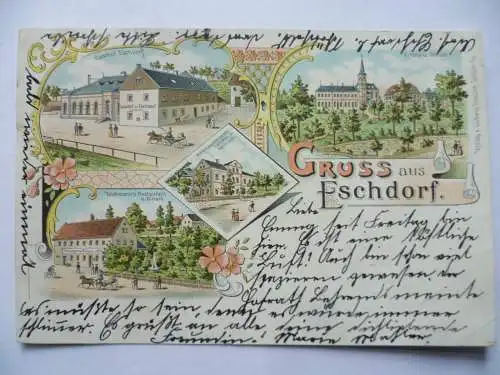 Litho-AK Eschdorf bei Dresden  4 Ansichten 2 Gasthöfe Kirche Laden