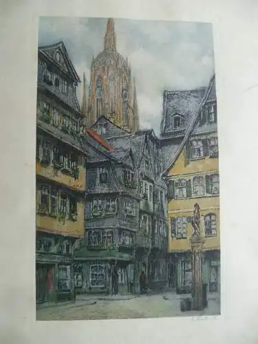 Frankfurt am Main Saalgasse Heilig Geist Platz kolor. Radierung R. Halbwill