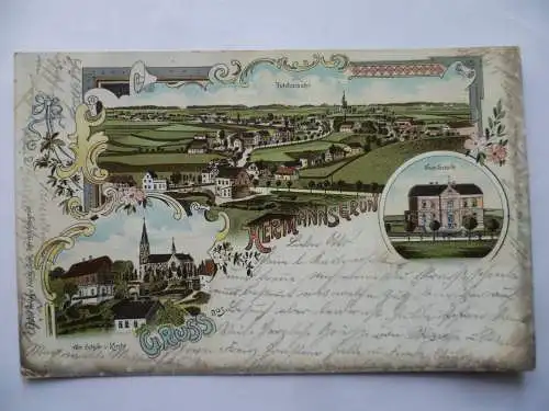 Litho-AK Hermannsgrün Total, Neue Schule, Alte Schule u. Kirche