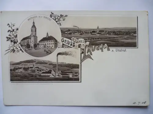 Litho-AK Laucha a. Unstrut Rathaus m. Kirche, Panorama, Fabrik