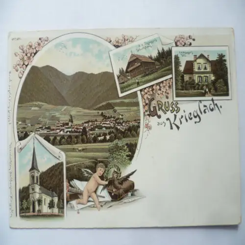 Litho-AK Krieglach 4 Ansichten Rosegger