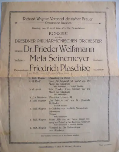 Konzertprogramm Dresden 1926 Richard-Wagner-Verband deutscher Frauen