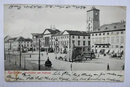 AK Karlsruhe Marktplatz mit Rathaus u. Straßenbahn
