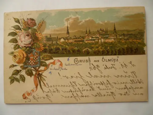 Litho-AK Olmütz Mähren Wappen + Panorama 1896