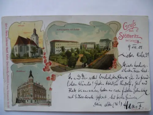 AK Leipzig Stötteritz Kirche Schmuckplatz mit Schule Rathaus