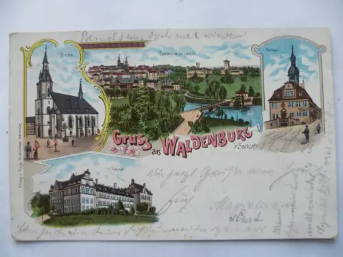 Litho-AK Waldenburg in Sachsen 2 Kirchen Totalansicht Seminar