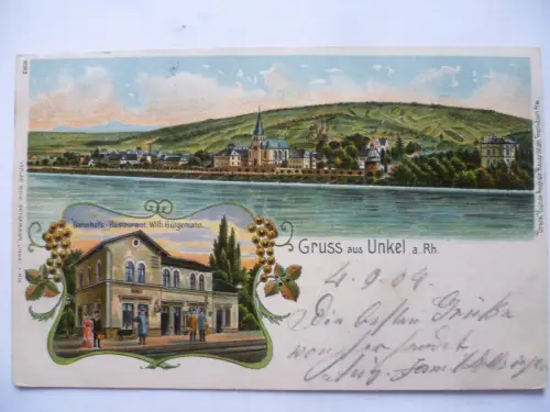 Litho-AK Unkel am Rhein Panorama + Bahnhofs-Restaurant