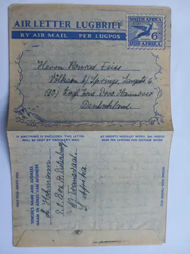 2 Aerogramme South Africa 1949/50