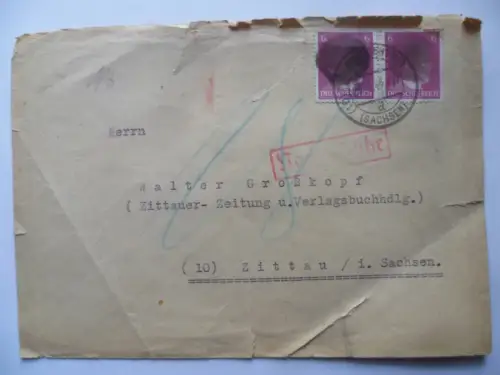 Briefumschlag Sächs. Schwärzung Oberwiesenthal 1945