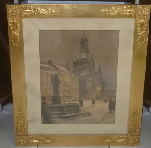 Dresden Frauenkirche im Winter Fritz Beckert Farblithographie