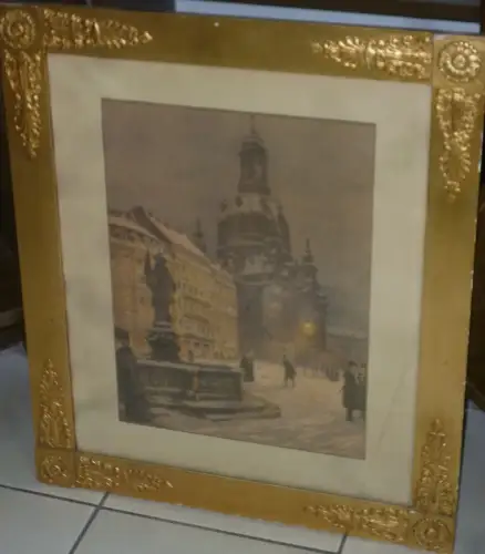 Dresden Frauenkirche im Winter Fritz Beckert Farblithographie