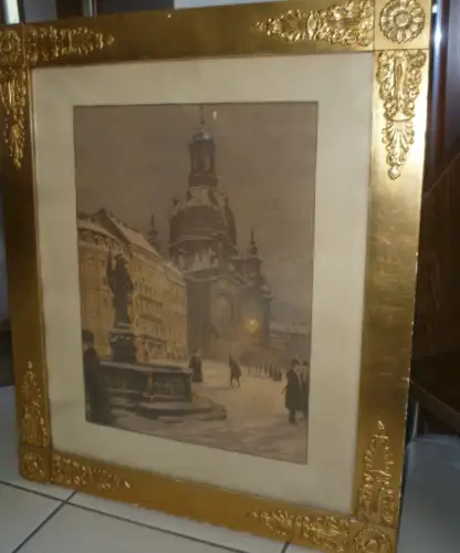 Dresden Frauenkirche im Winter Fritz Beckert Farblithographie