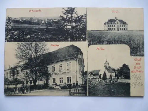 AK Großdorfhain Ortsansicht Schule Gasthaus Kirche