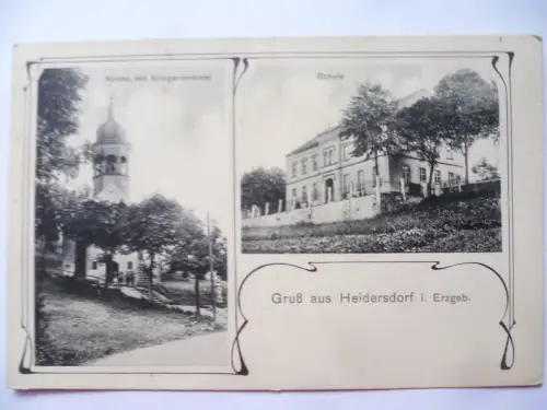 AK Heidersdorf Erzgebirge Kirche mit Kriegerdenkmal und Schule