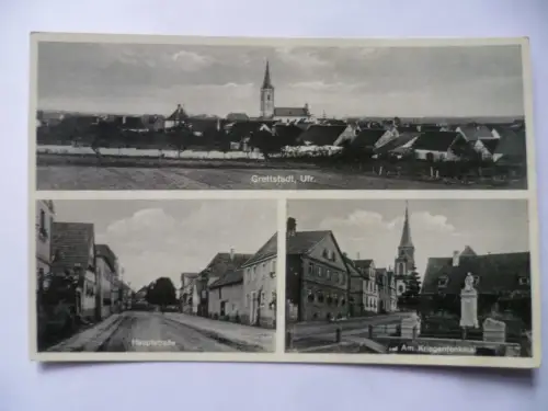 AK Grettstadt Ufr. Gesamtansicht Hauptstraße Kriegerdenkmal