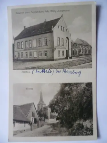2 AK Gröna bei Bernburg Gasthaus zum Schlehdorn Kirche