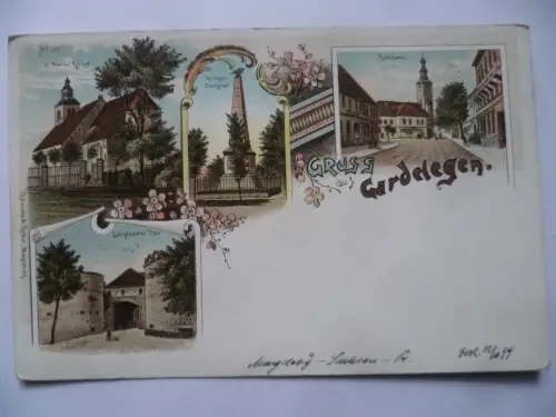 Litho-AK Gardelegen St.Marien-Kirche Kriegerdenkmal Rathaus Salzwedeler Tor