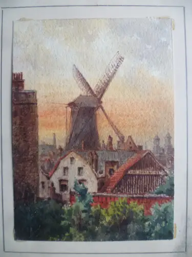 Aquarell Windmühle mit Stadt in Niederlande oder Norddeutschland, unsigniert