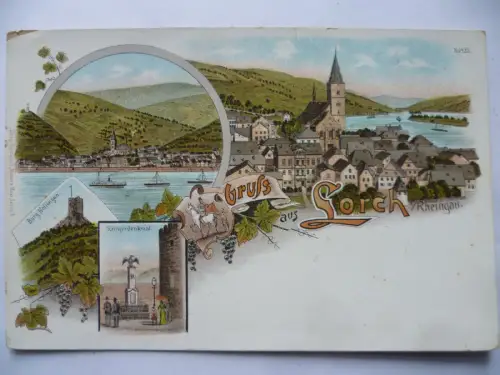 Litho-AK Lorch Rheingau Burg Nossingen Kriegerdenkmal
