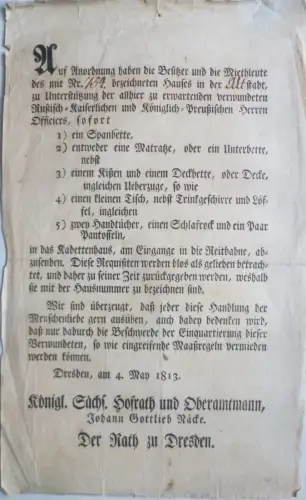 Dokument Dresden Stadtrat 1813 Ablieferung für verwundete Offiziere