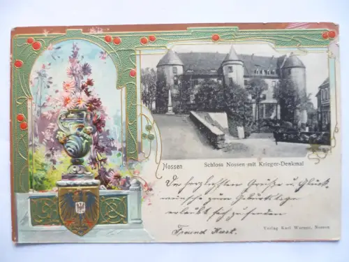 AK Prägekarte Nossen Schloss mit Kriegerdenkmal Wappen