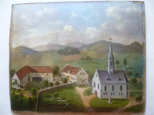 Kirche und Pfarrhof Obercrinitz bei Zwickau Öl auf Pappe 1876