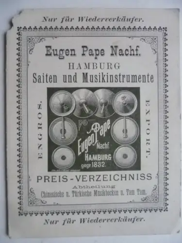 Preis-Verzeichnis Eugen Pape Hamburg Saiten u. Musikinstrumente