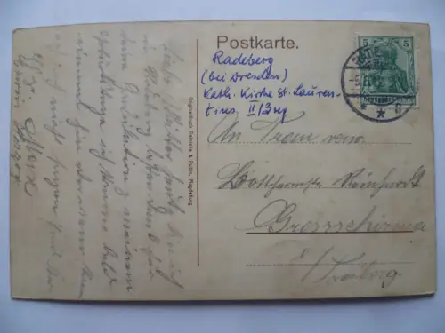 AK Radeberg Fabrikstraße mit kath. Kirche