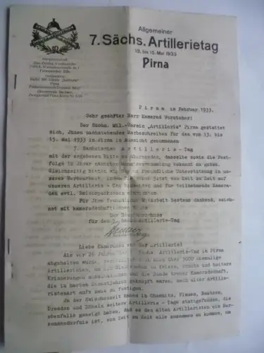 7. Sächs. Artillerietag Pirna 1933 Briefumschlag m. 2 Informationsschreiben
