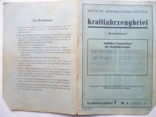 DDR Kraftfahrzeugbrief Trabant P601 1960-1991