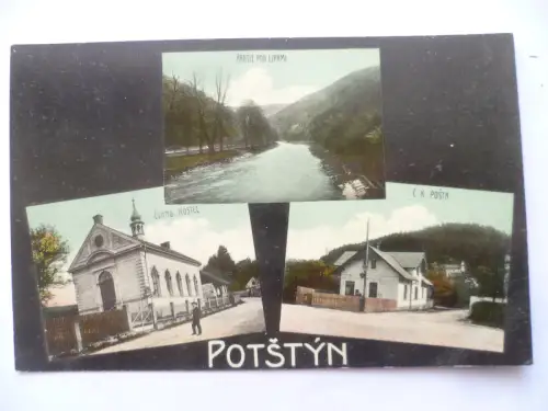 AK Potštýn nad Orlicí Pottenstein Flusspartie Kirche Post