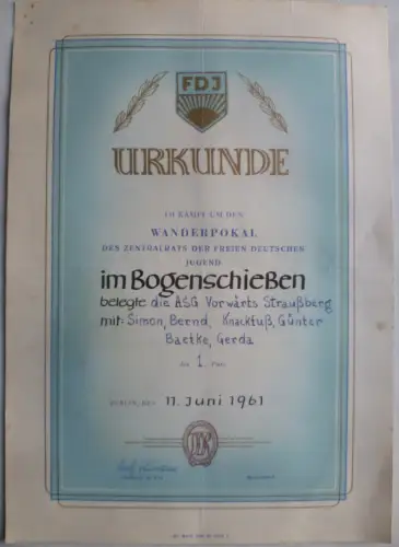 Urkunde Wanderpokal des Zentralrates der FDJ ASG Vorwärts Straußberg