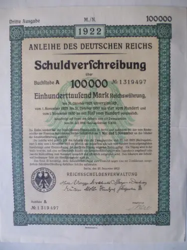 Aktie Anleihe des Deutschen Reichs 1922 Schuldverschreibung 100.000 Mark