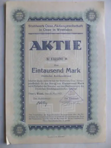 Aktie Stahlwerk Oese Westfalen 1000M 25.Mai 1923
