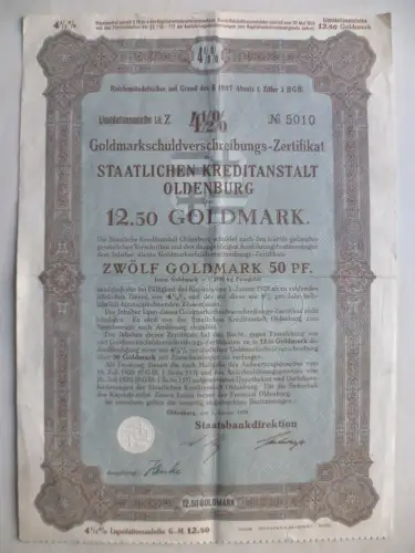 Aktie Goldmarkschuldenverschreibungs-Zertifikat Oldenburg 1928 12,50 Goldmark