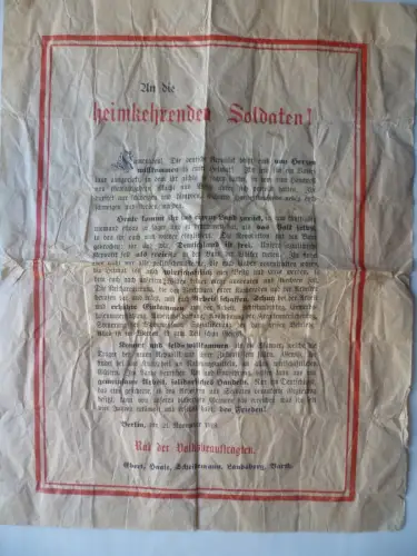 Plakat Anschlag An die heimkehrenden Soldaten Novemberrevolution 1918