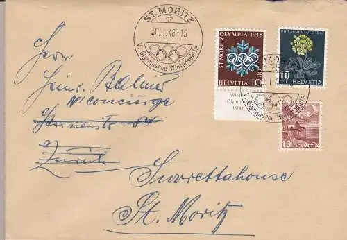 1948 SCHWEIZ, Zum. 26w auf Brief mit Absage der Olympischen Winterspiele