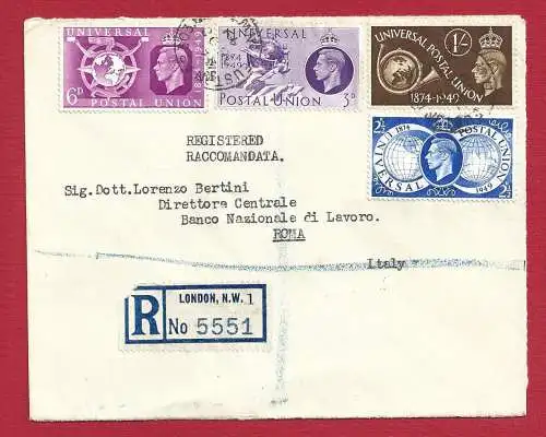 1949 GROSSBRITANNIEN, Nr. 246/249 UPU die komplette Serie per Brief nach Rom
