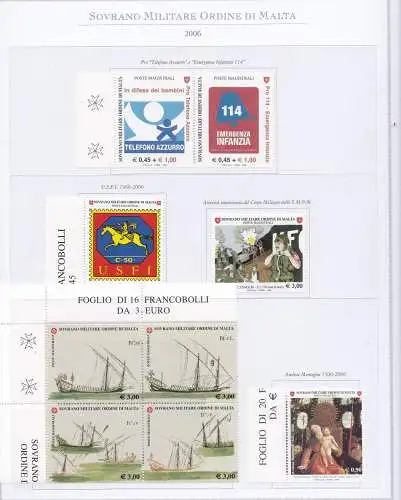 2006 SMOM - Komplettes Jahr, neue Briefmarken, 26 Werte + 4 Blätter auf 7 Seeblättern - postfrisch**