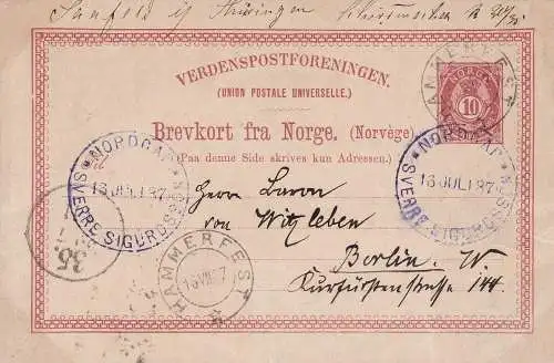 1887 NORWEGEN, ganze Postkarte mit Stempel des SS-Motorschiffs Sverre Sigurdsson - Polarversand