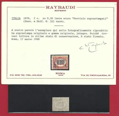 1878 Italien - Königreich - 2 EL von 0,30 dunklem Lack Nr. 32 MNH überdruckter Service ** Raybaudi zertifiziert