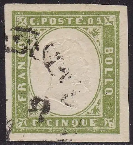 1862 Sardinien, Nr. 13Dc 5c. olivgrün GEBRAUCHT Signatur Bolaffi
