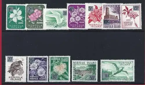 1966 Norfolk - Gewöhnliche Blumen und Vögel, Yvert Nr. 62-74 - 12 MNH-Werte**