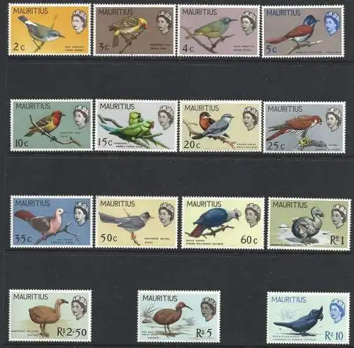 1965 MAURITIUS - Vögel, Vögel, Komplettserie Vollgummi, SG 317/331, 15 Werte - MNH**