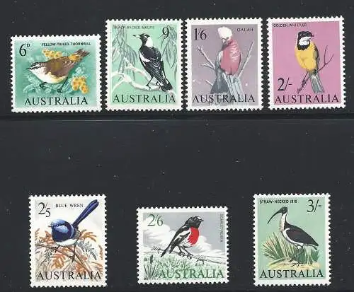 1963-65 AUSTRALIEN - Gewöhnliche Elisabeth, Vögel, Yv. 291/298 7 MNH/** Werte